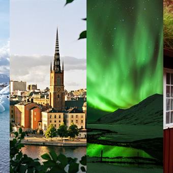 Composite image of Jökulsárlón glacial lagoon, Stockholm, northern lights over Kirkjufell and old houses in Bergen