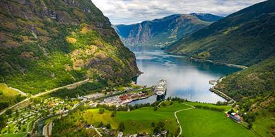 View over Flåm and Aurlandsfjord in Norway